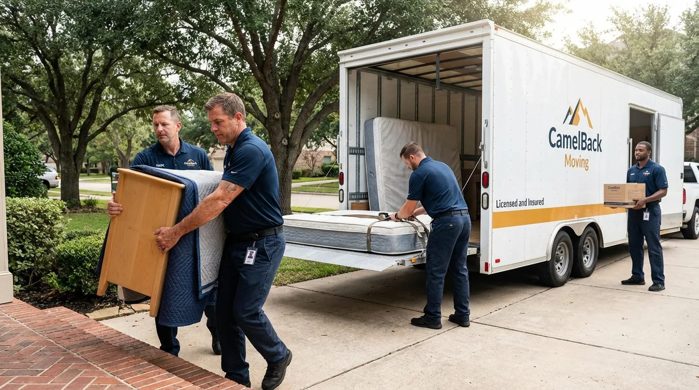 Crew loading residential truck for cross-state move from Decatur, TX
