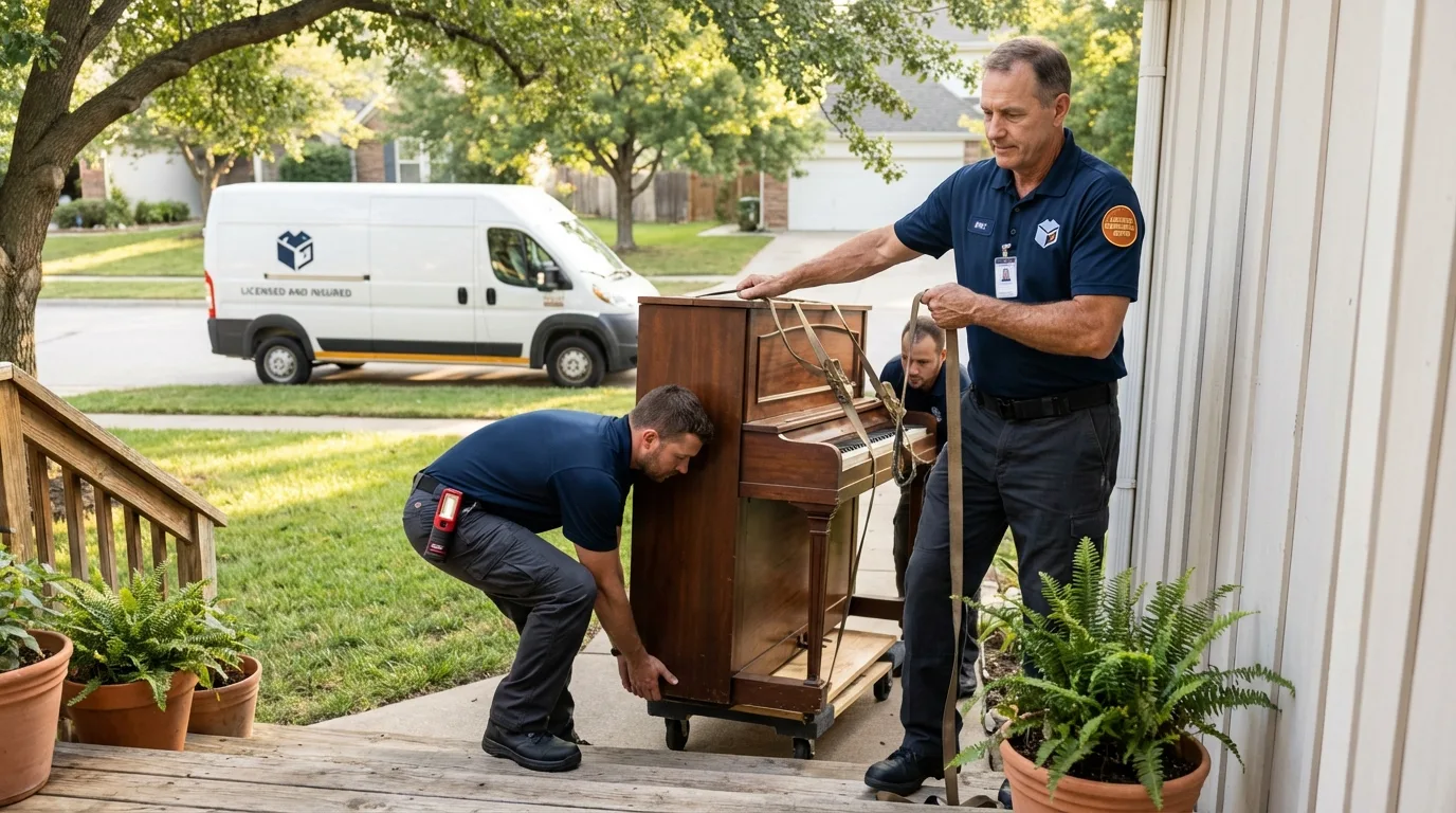 Licensed piano movers securing grand piano in Decatur, TX